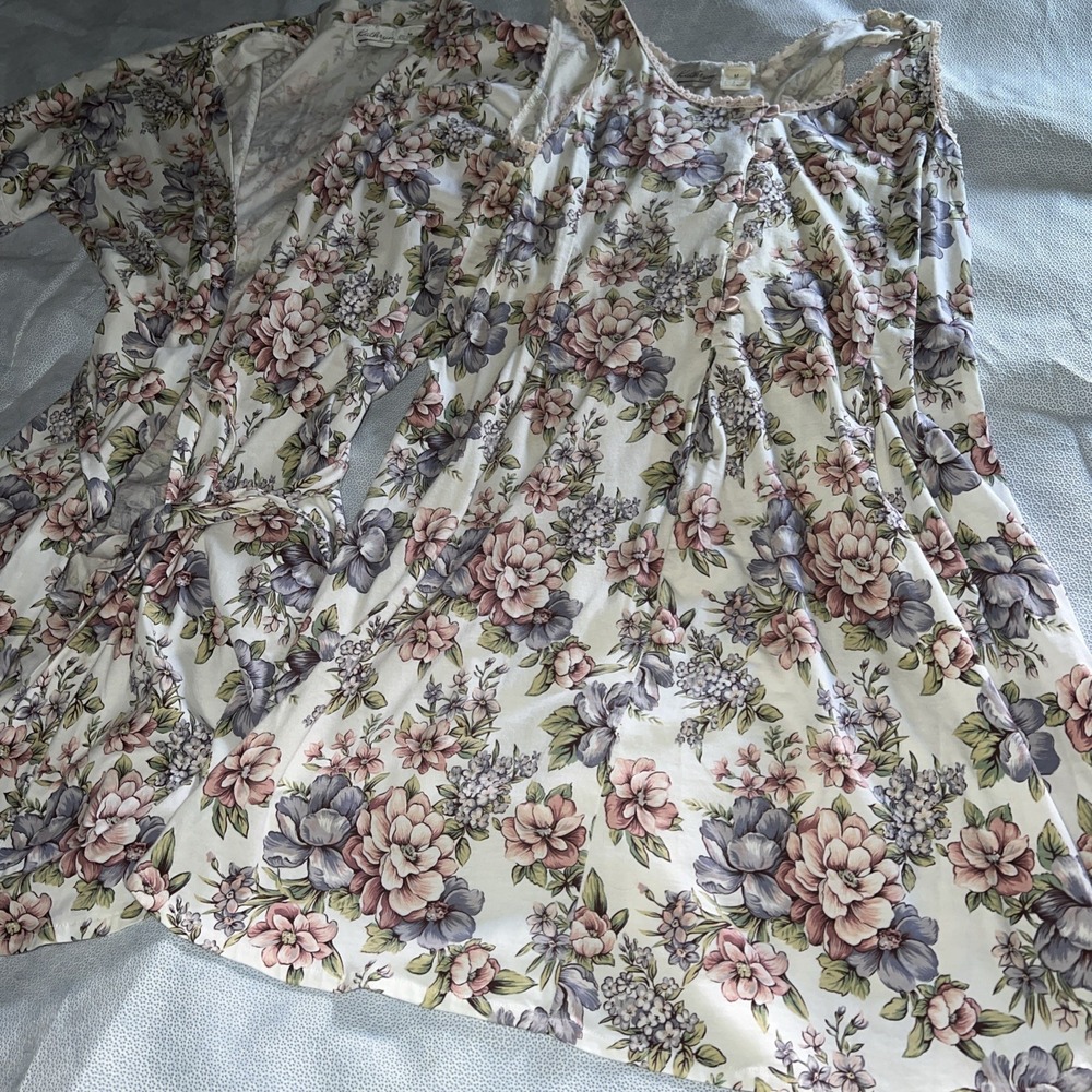 Vintage Kathryn 90's Romantic Feminine Floral Nightgown Robe Set 100% Cotton